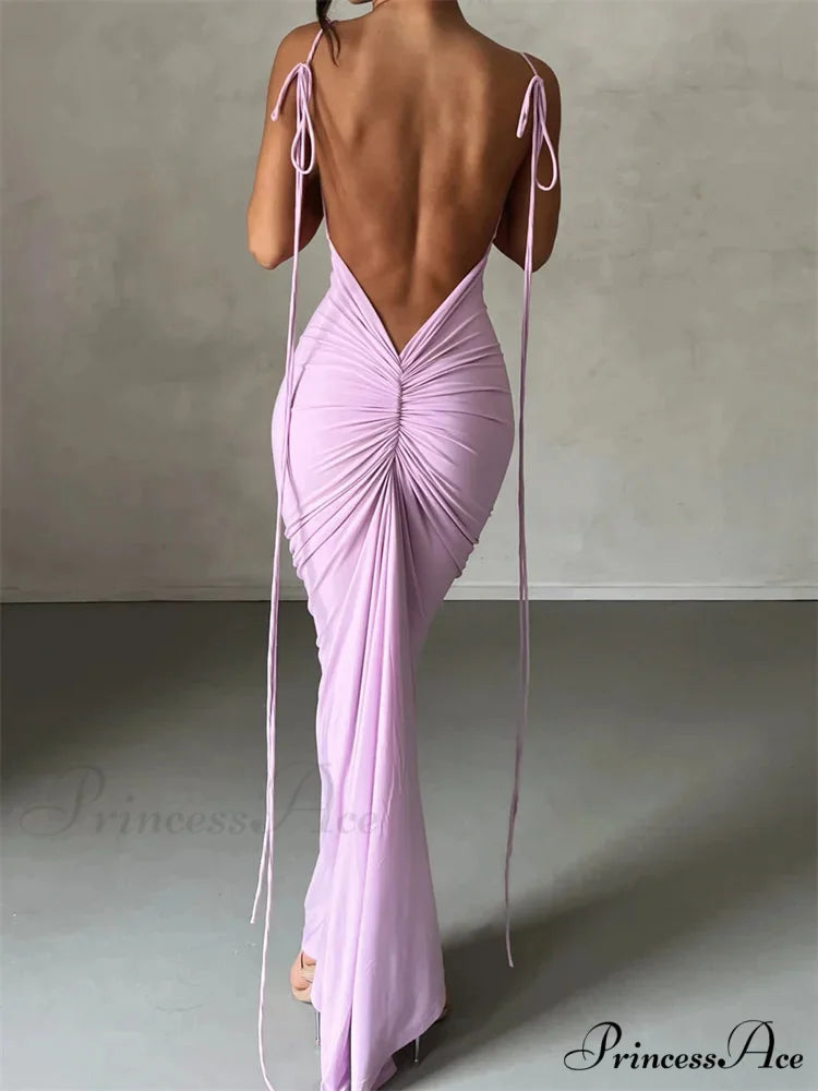 Women Sleeveless Lace-up Strap Sling Summer Backless Ruched Party V-neck Slim Fit Sexy Vestidos
