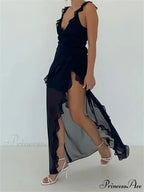 Women Sleeveless Ruffles Solid Color V Neck Casual High Split Party for Cocktail Summer Streetwear