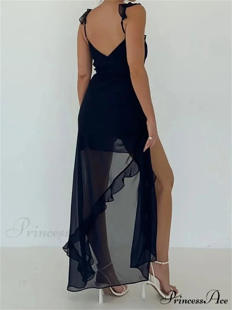 Women Sleeveless Ruffles Solid Color V Neck Casual High Split Party for Cocktail Summer Streetwear