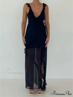 Women Sleeveless Ruffles Solid Color V Neck Casual High Split Party for Cocktail Summer Streetwear