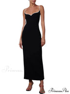Women Sleeveless Strap Black Patchwork V-neck Low Cut Slim Summer Party Back Split Female Vestidos
