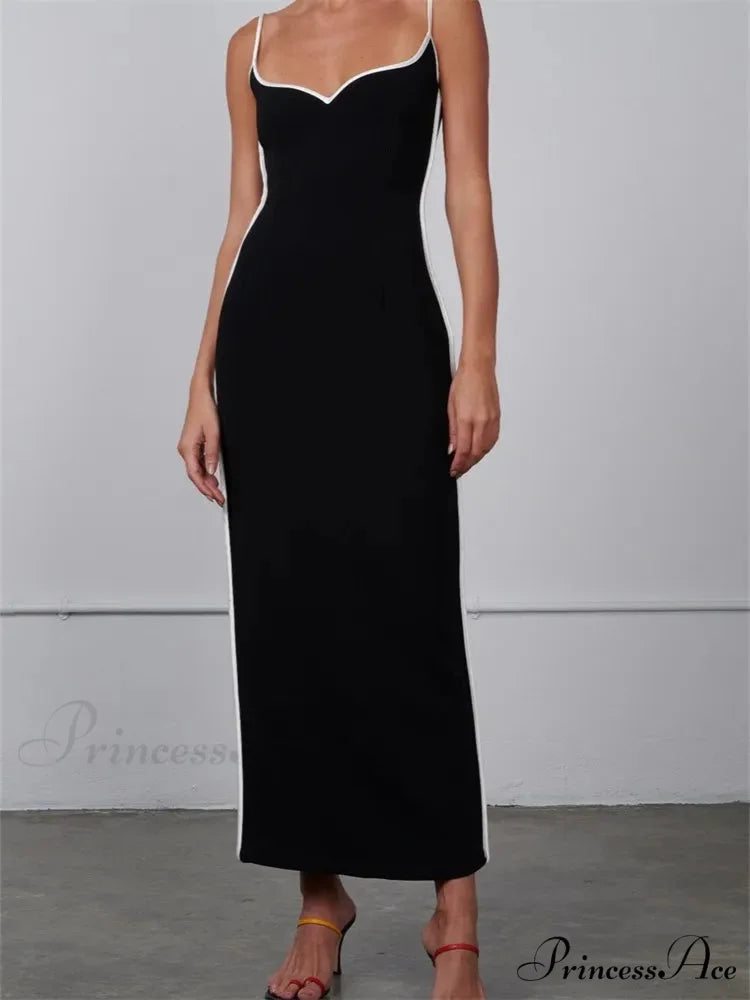 Women Sleeveless Strap Black Patchwork V-neck Low Cut Slim Summer Party Back Split Female Vestidos