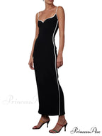 Women Sleeveless Strap Black Patchwork V-neck Low Cut Slim Summer Party Back Split Female Vestidos