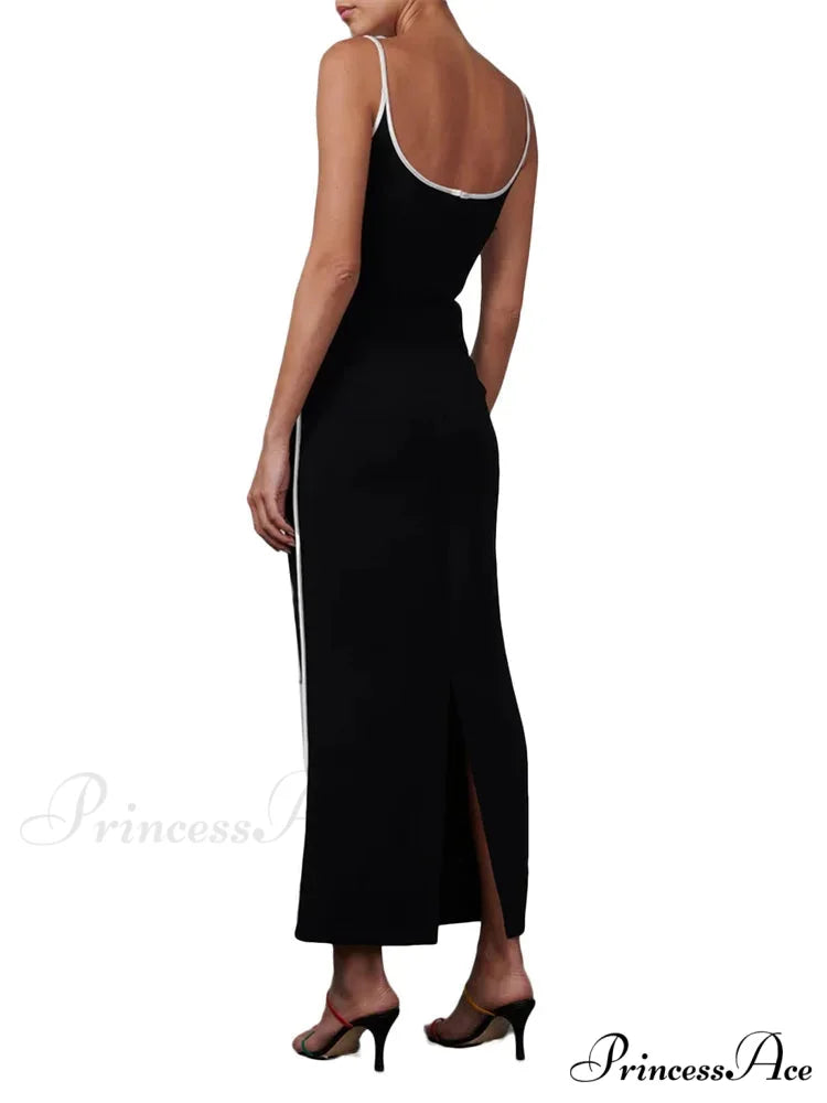 Women Sleeveless Strap Black Patchwork V-neck Low Cut Slim Summer Party Back Split Female Vestidos