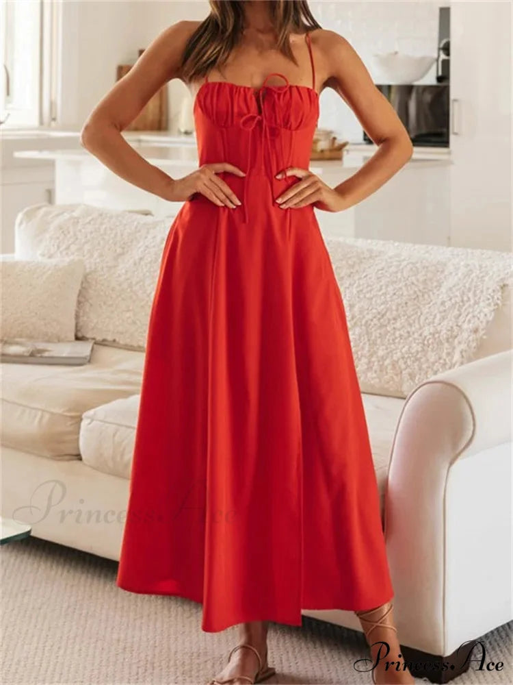 Women Sleeveless Strap Ruched Tie-up Backless Criss-cross Hollow Out High Split Party Beach Vestidos
