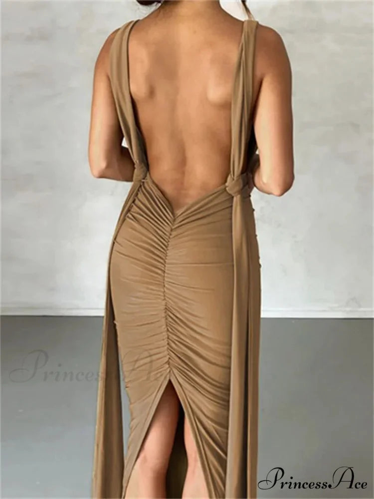 Women Sleeveless Strap Solid Color Deep V-neck Backless High Split Summer Party Ruched Vestidos