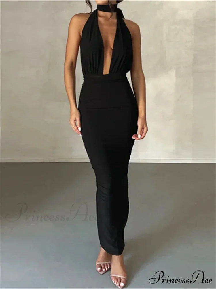 Women Sleeveless Strap Solid Color Deep V-neck Backless High Split Summer Party Ruched Vestidos