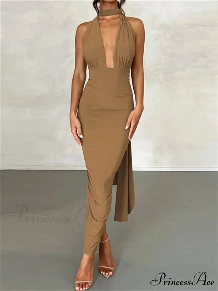 Women Sleeveless Strap Solid Color Deep V-neck Backless High Split Summer Party Ruched Vestidos