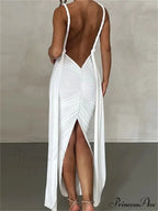 Women Sleeveless Strap Solid Color Deep V-neck Backless High Split Summer Party Ruched Vestidos