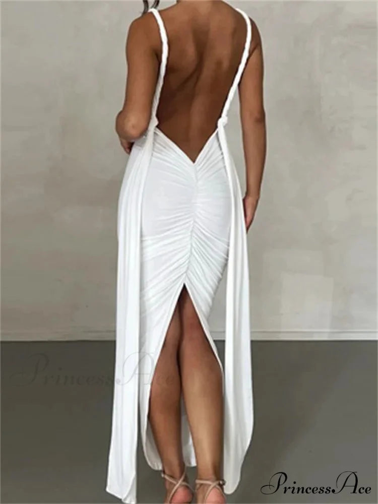 Women Sleeveless Strap Solid Color Deep V-neck Backless High Split Summer Party Ruched Vestidos