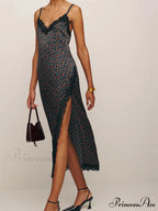 Women Sleeveless Strap Summer Lace Patchwork V Neck Backless Split Party Cocktail Beach Streetwear