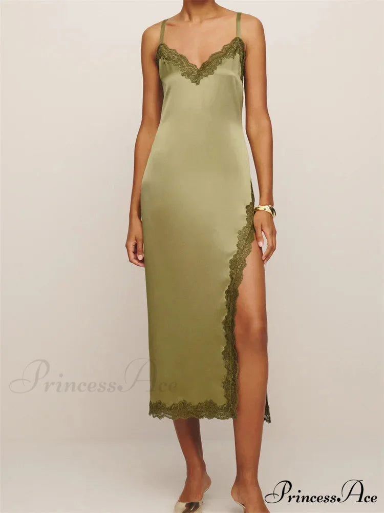 Women Sleeveless Strap Summer Lace Patchwork V Neck Backless Split Party Cocktail Beach Streetwear