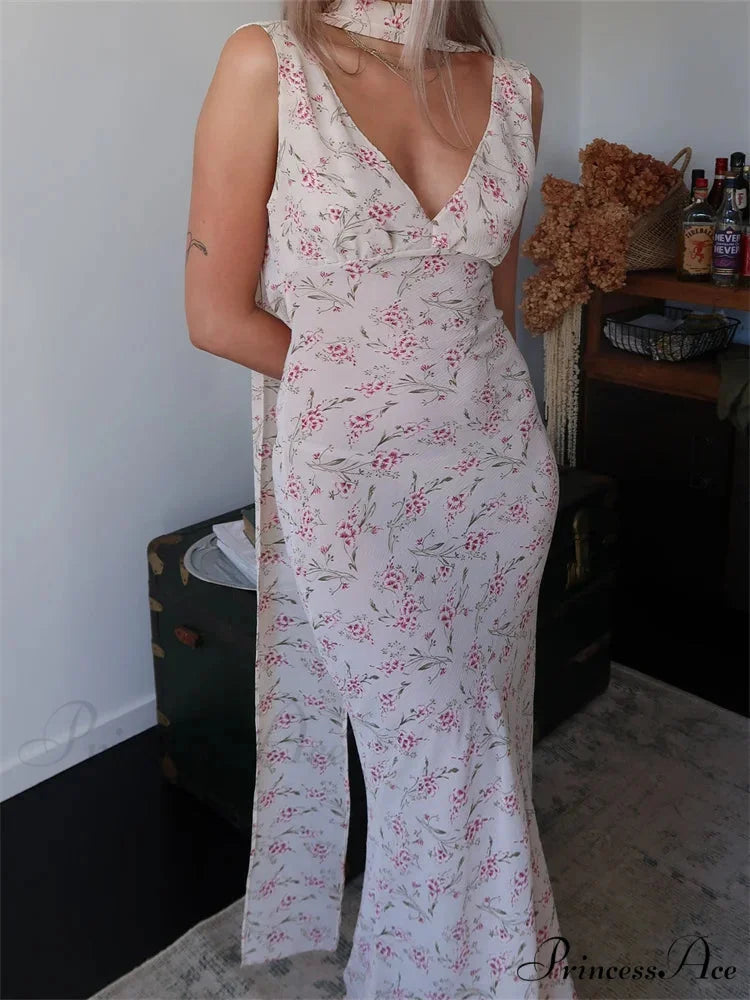 Women Sleeveless Tank Casual Summer Floral Print Backless Party with Headband Cocktail Beach Club Vestido