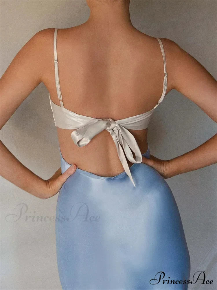 Women Slim Adjustable Strap Back Tie-up High Waist Low Cut Contrast Color Wedding Party Club Vestido