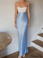 Women Slim Adjustable Strap Back Tie-up High Waist Low Cut Contrast Color Wedding Party Club Vestido