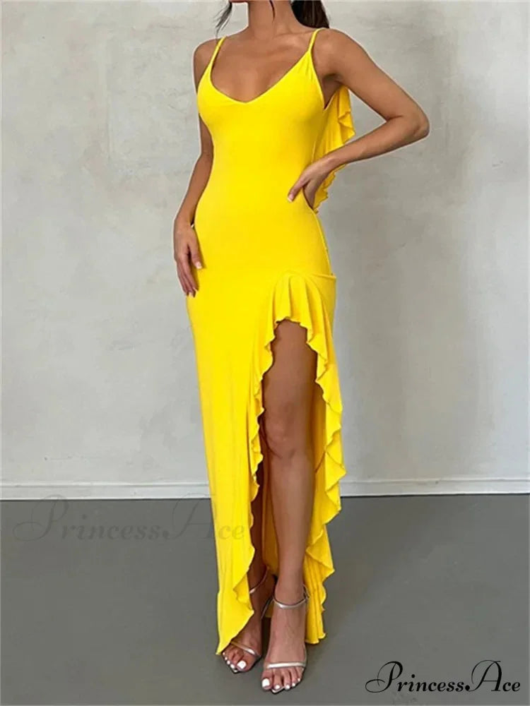 Women Spaghetti Strap Backless Ruffles Sexy Slim Fit V Neck Sleeveless Strap Ruched Beach Vestidos
