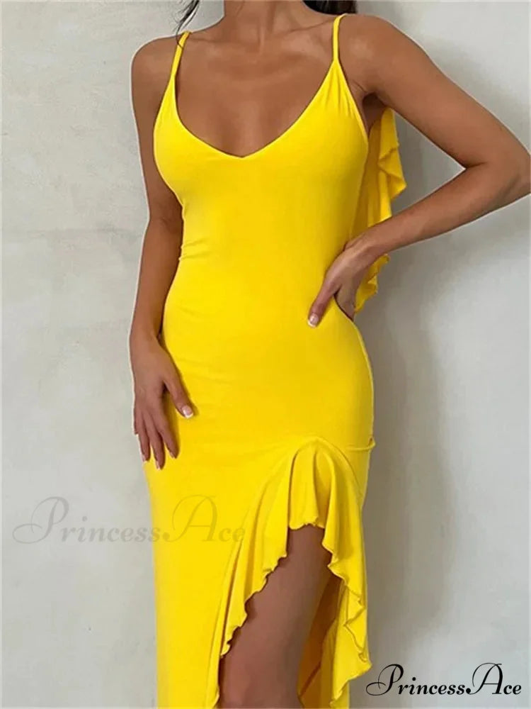 Women Spaghetti Strap Backless Ruffles Sexy Slim Fit V Neck Sleeveless Strap Ruched Beach Vestidos