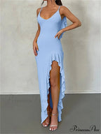 Women Spaghetti Strap Backless Ruffles Sexy Slim Fit V Neck Sleeveless Strap Ruched Beach Vestidos