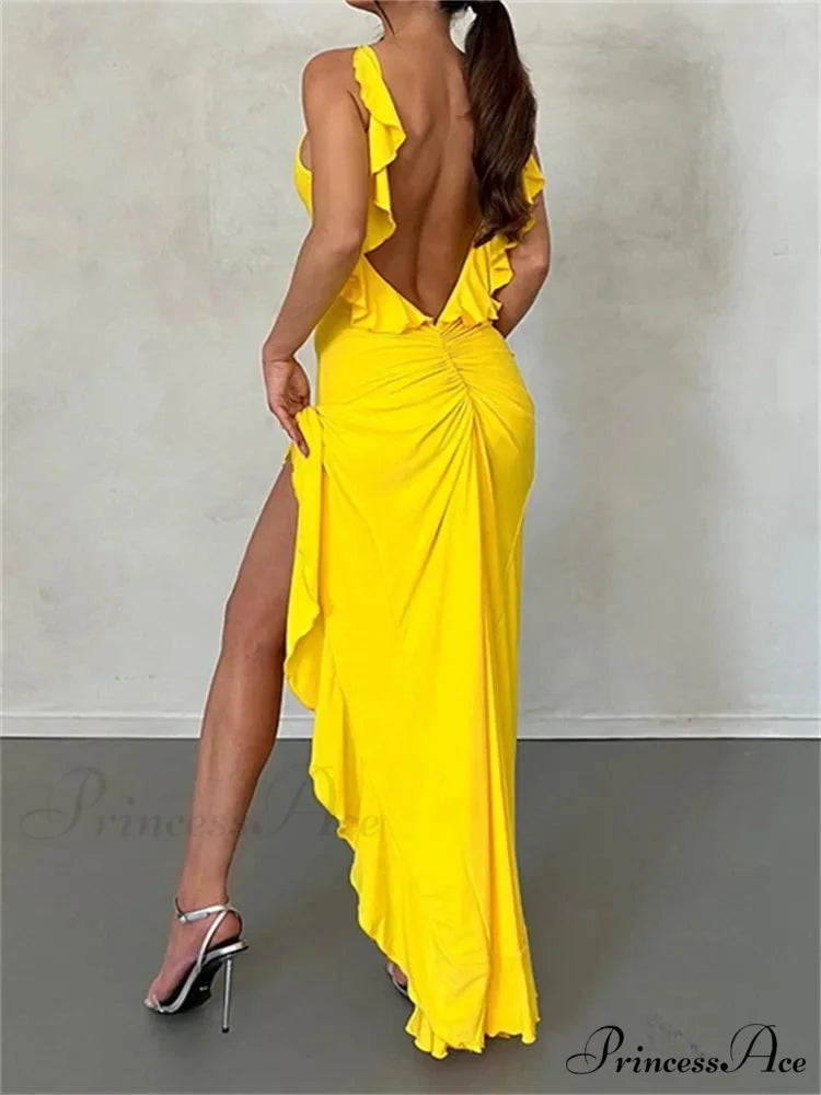 Women Spaghetti Strap Backless Ruffles Sexy Slim Fit V Neck Sleeveless Strap Ruched Beach Vestidos