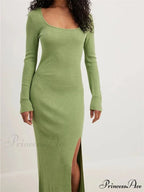 Women Spring Fall Knitted Elegant Sleeve Round Neck Solid High Split Female Vestidos Streetwear