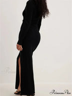 Women Spring Fall Knitted Elegant Sleeve Round Neck Solid High Split Female Vestidos Streetwear