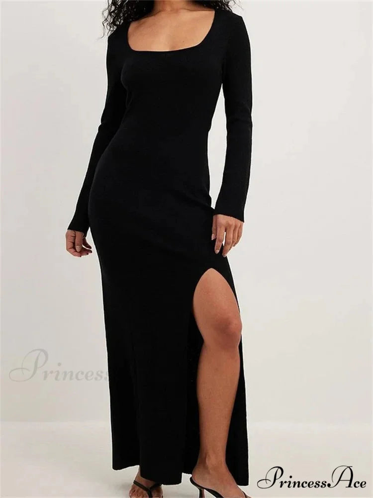 Women Spring Fall Knitted Elegant Sleeve Round Neck Solid High Split Female Vestidos Streetwear
