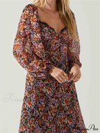 Women Spring Fall Vintage Floral Print V-neck Puff Sleeve Fashion Backless Holiday Vestido