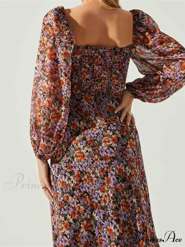 Women Spring Fall Vintage Floral Print V-neck Puff Sleeve Fashion Backless Holiday Vestido
