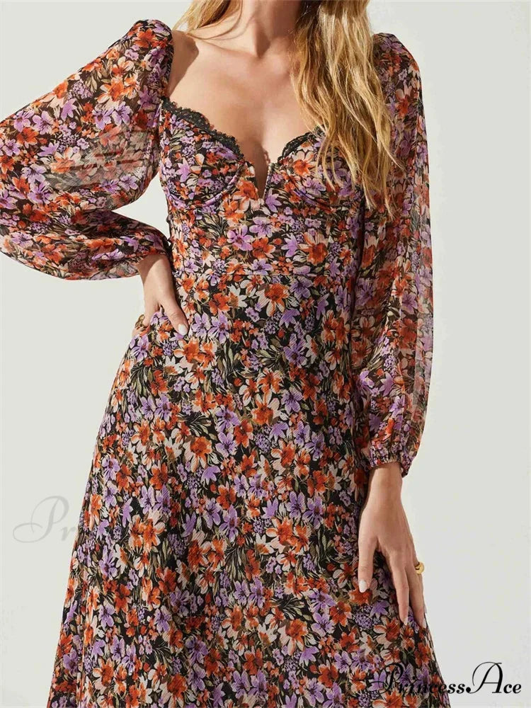Women Spring Fall Vintage Floral Print V-neck Puff Sleeve Fashion Backless Holiday Vestido