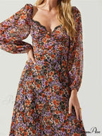 Women Spring Fall Vintage Floral Print V-neck Puff Sleeve Fashion Backless Holiday Vestido