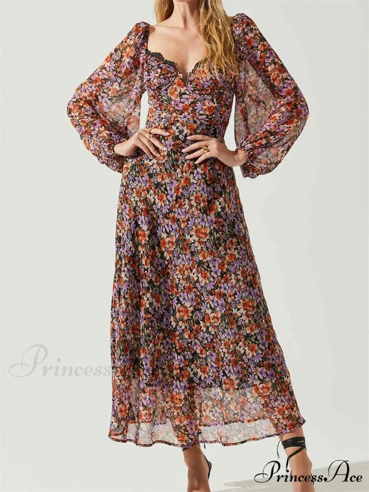 Women Spring Fall Vintage Floral Print V-neck Puff Sleeve Fashion Backless Holiday Vestido