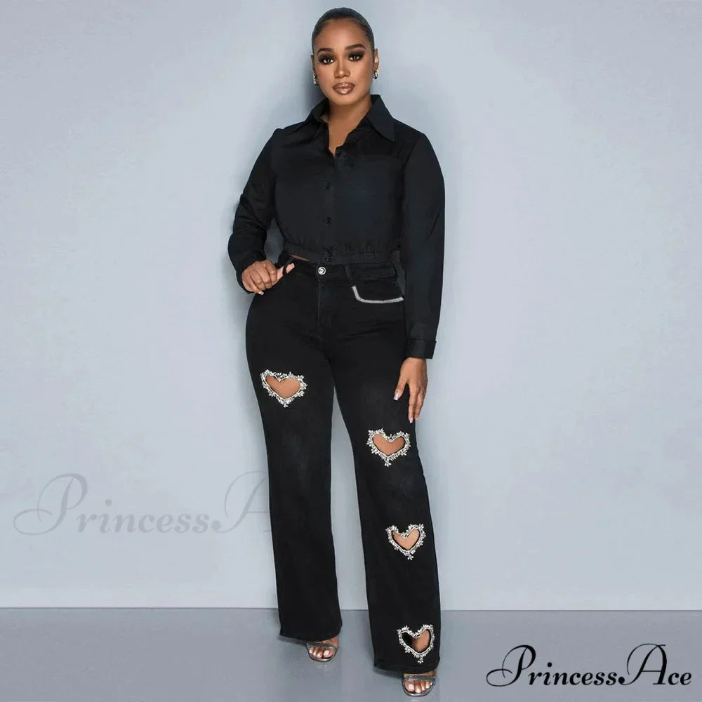 Women Straight Heart Diamond Hollow Out Pockets Vintage Denim Casual Y2K Harajuku Fashion 2024 Jeans