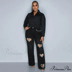 Women Straight Heart Diamond Hollow Out Pockets Vintage Denim Casual Y2K Harajuku Fashion 2024 Jeans