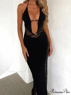 Women Summer Deep V-neck Black Sleeveless Strap Backless Halter Off Shoulder Lace Floral Party