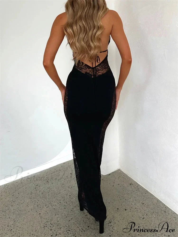 Women Summer Deep V-neck Black Sleeveless Strap Backless Halter Off Shoulder Lace Floral Party
