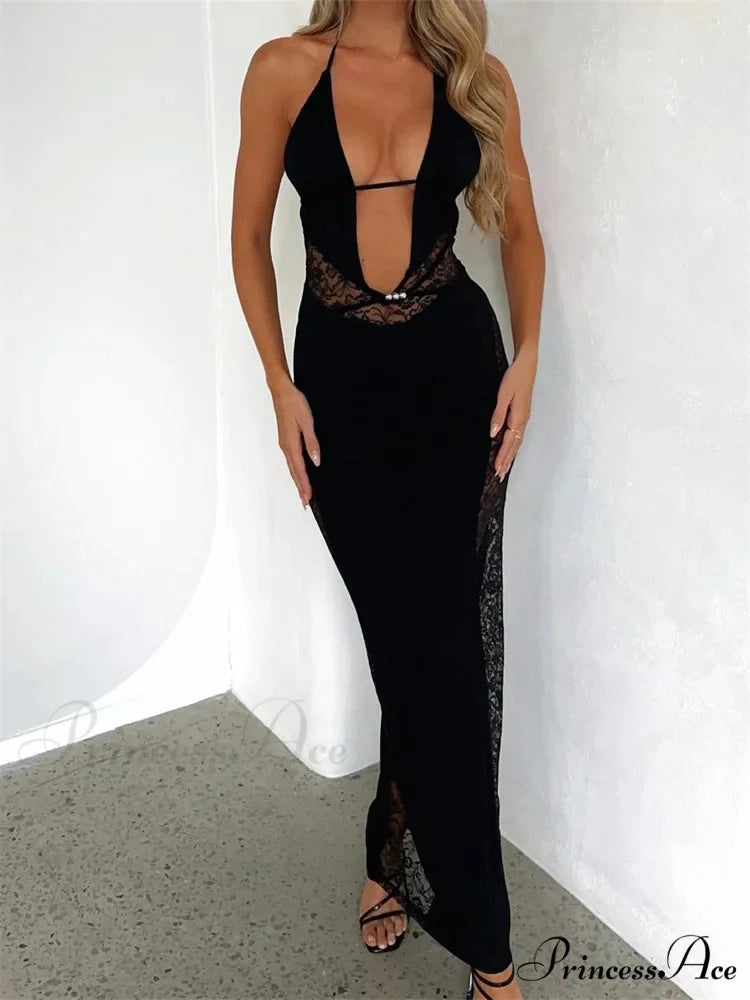 Women Summer Deep V-neck Black Sleeveless Strap Backless Halter Off Shoulder Lace Floral Party