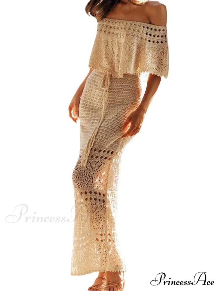Women Summer Knitted Short Sleeve Off Shoulder Hollow Out Tie Up Streetwear Female Vestidos New