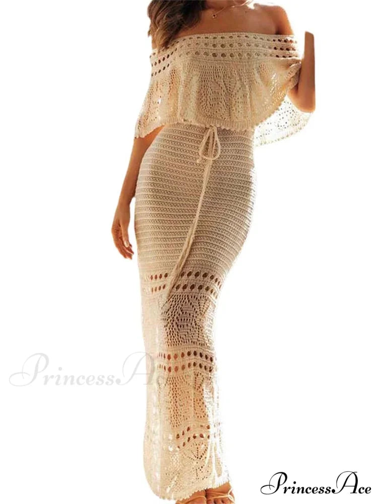 Women Summer Knitted Short Sleeve Off Shoulder Hollow Out Tie Up Streetwear Female Vestidos New