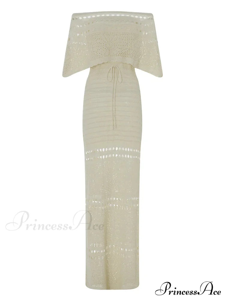 Women Summer Knitted Short Sleeve Off Shoulder Hollow Out Tie Up Streetwear Female Vestidos New