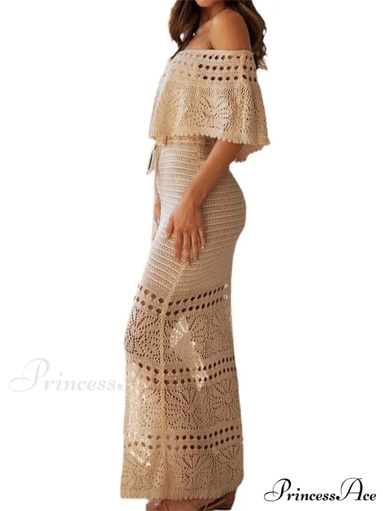 Women Summer Knitted Short Sleeve Off Shoulder Hollow Out Tie Up Streetwear Female Vestidos New