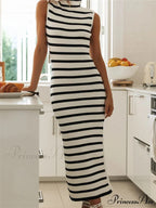 Women Summer Knitted Striped Print Sleeveless High Neck Split Slim Fit Party Tank Streetwear