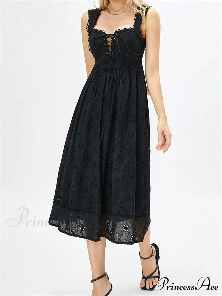 Women Summer Lace Floral Backless Tie-up Sleeveless Spaghetti Strap Hollow Out Party Female Vestidos