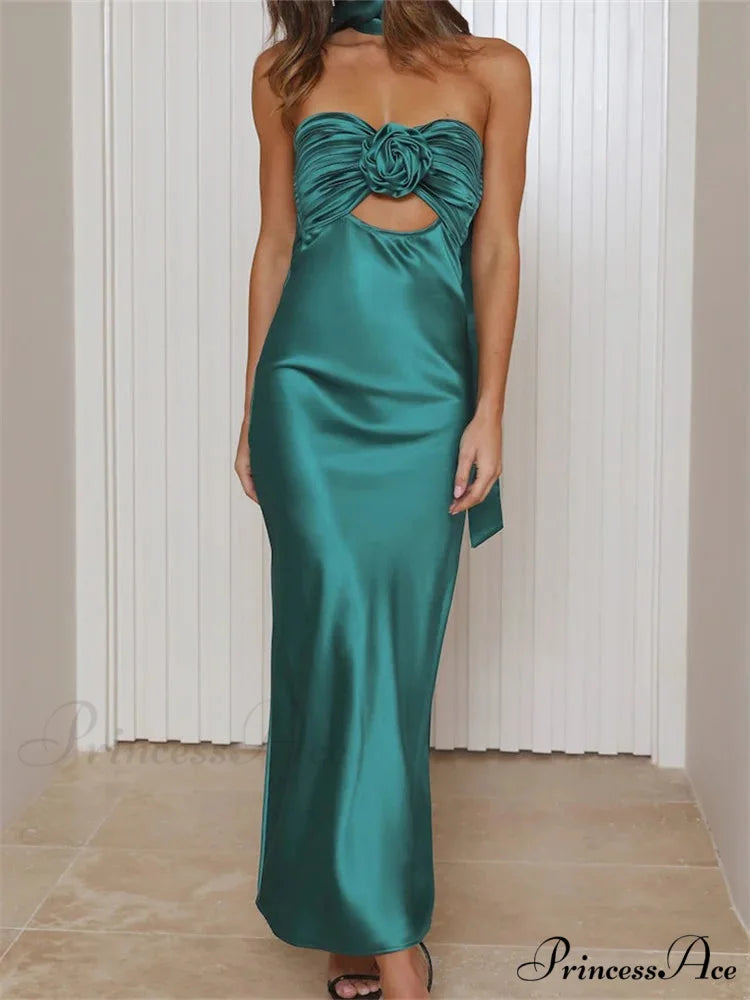 Women Summer Satin Tube Solid Color Strapless Off Shoulder Slim 3D Flower Vestidos with Scarf