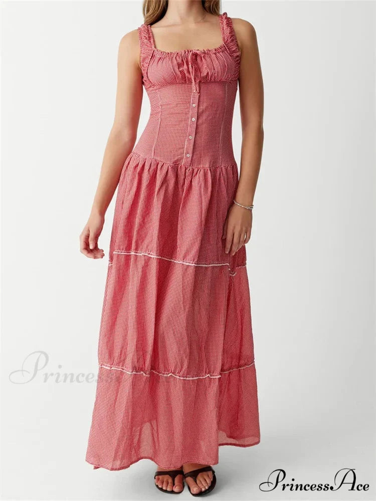 Women Summer Sleeveless Tank Casual Plaid Print Ruffles Party Cocktail Beach Street Ruched Vestidos