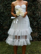 Women Summer Solid Color Sleeveless Strap Summer Layered Tulle Ruffles Backless Party Vestidos