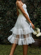 Women Summer Solid Color Sleeveless Strap Summer Layered Tulle Ruffles Backless Party Vestidos