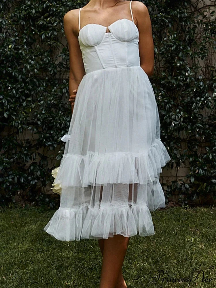 Women Summer Solid Color Sleeveless Strap Summer Layered Tulle Ruffles Backless Party Vestidos