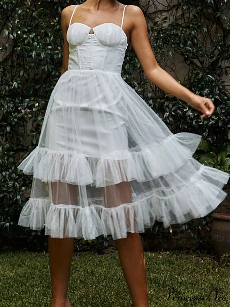Women Summer Solid Color Sleeveless Strap Summer Layered Tulle Ruffles Backless Party Vestidos