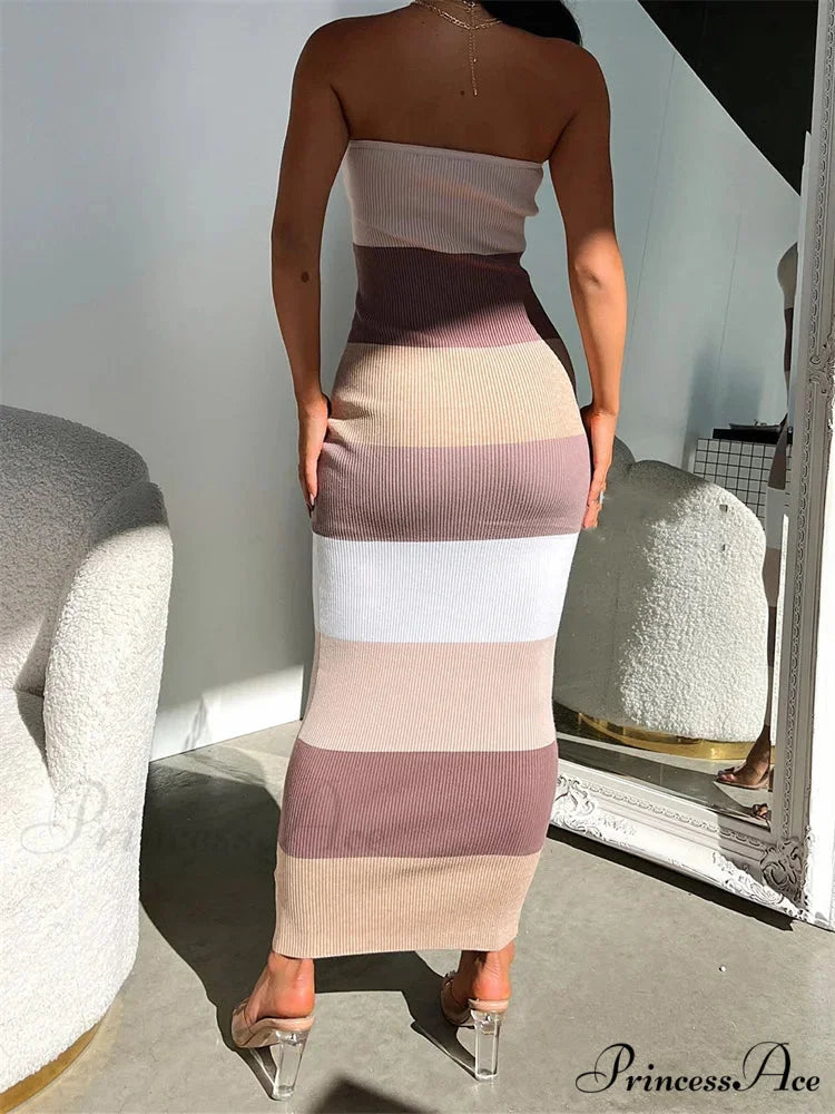 Women Summer Strapless Knitted Ribbed Female Sexy Vestidos Sleeveless Off Shoulder Striped Outfits