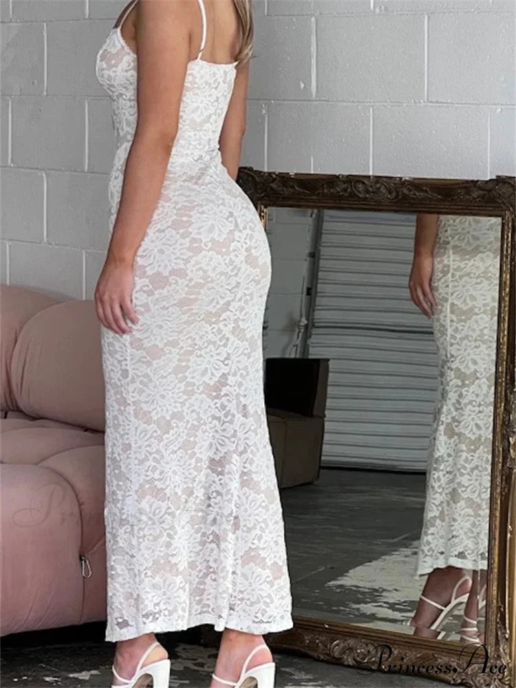 Women Summer V-neck Evening Lace Floral Slim Fit Sleeveless Spaghetti Strap Party Female Vestidos